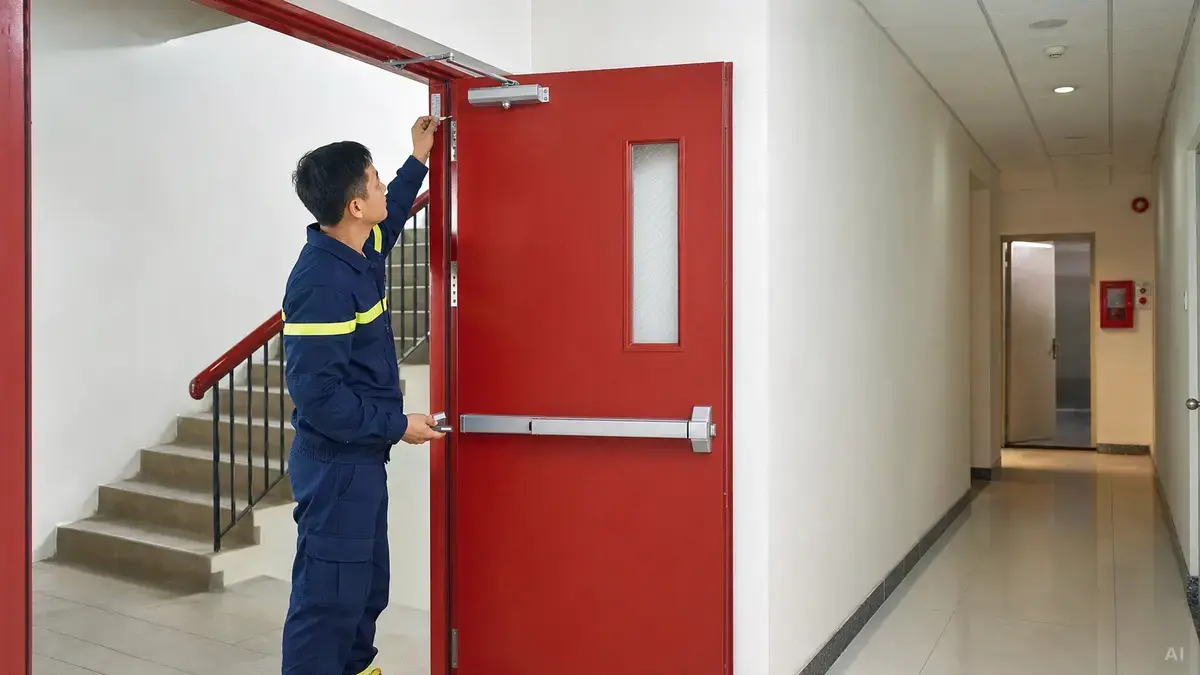 Kỹ thuật viên kiểm tra cửa chống cháy và lối vào cầu thang thoát nạn