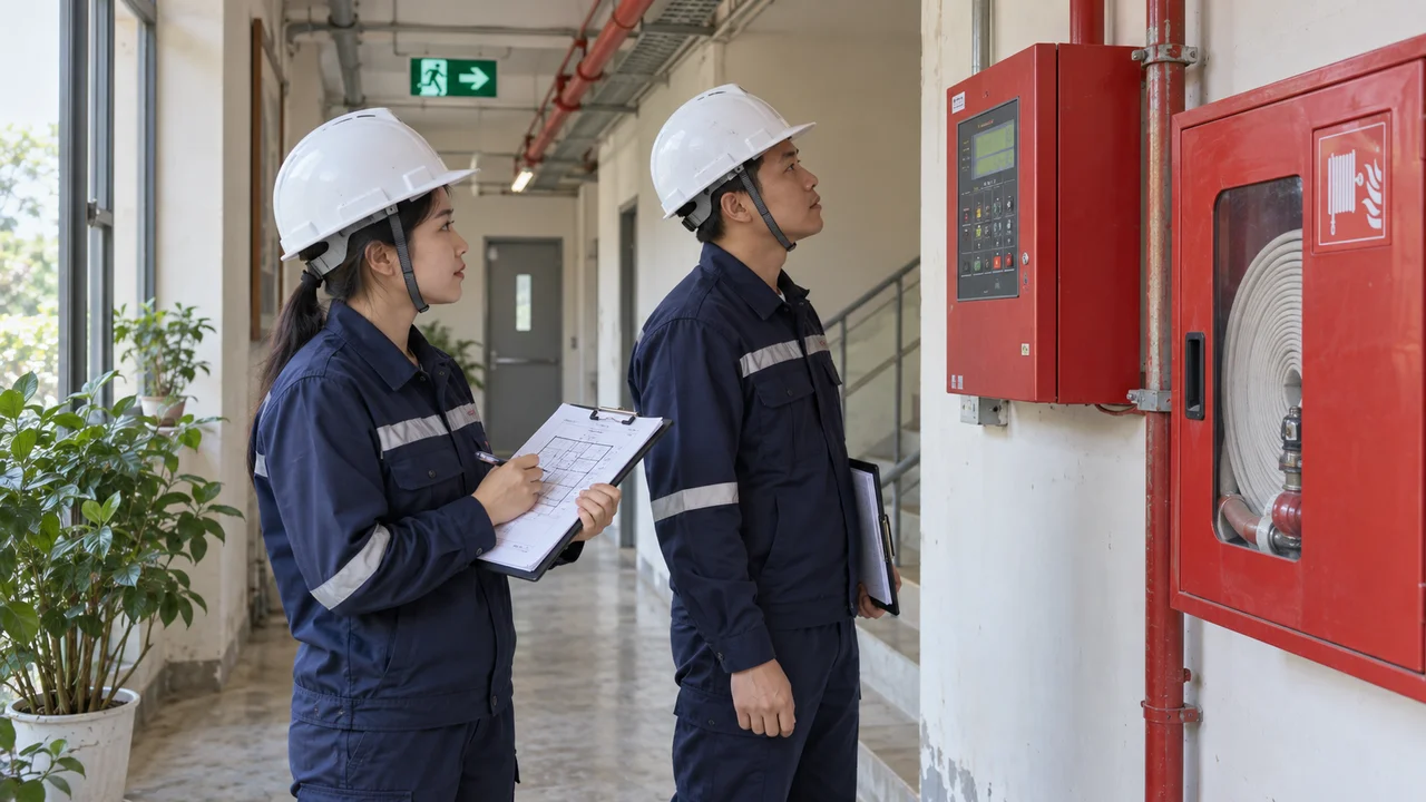 Kỹ sư khảo sát tủ báo cháy và tủ họng nước hiện hữu trước khi cải tạo hệ thống PCCC