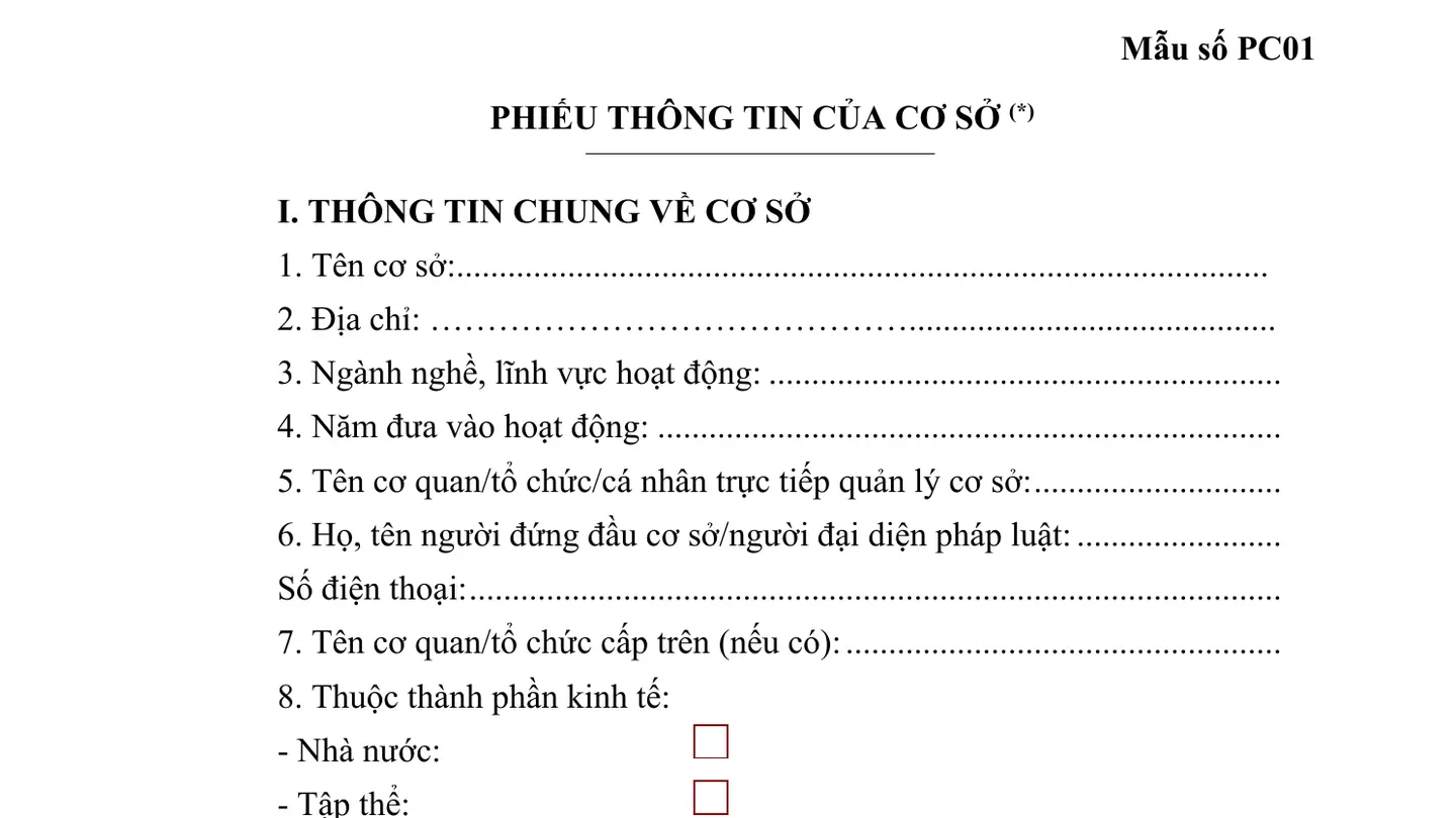 Mẫu PC01 Phiếu thông tin của cơ sở theo phụ lục chính thức