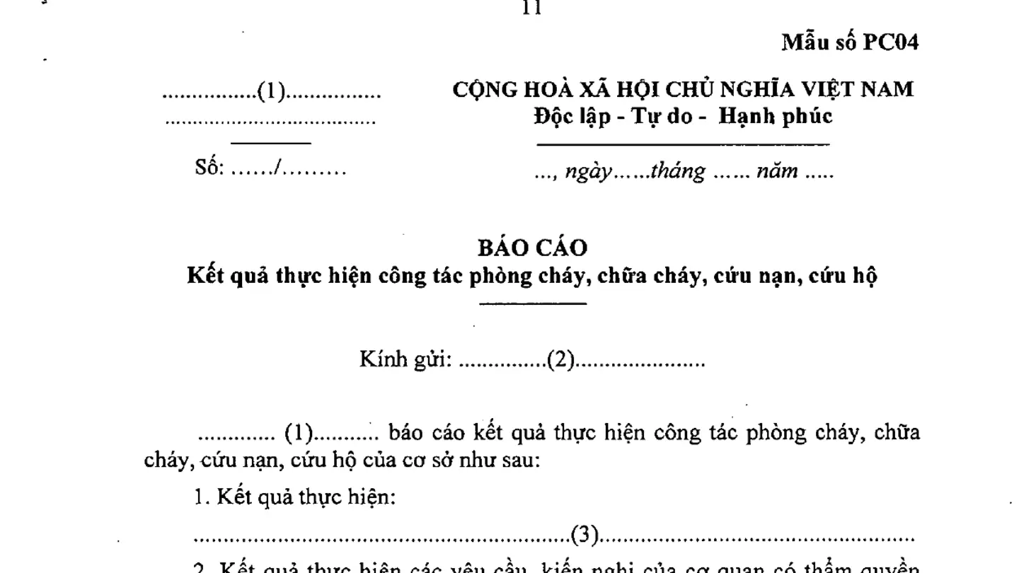 Mẫu PC04 Báo cáo kết quả thực hiện công tác phòng cháy chữa cháy chính thức