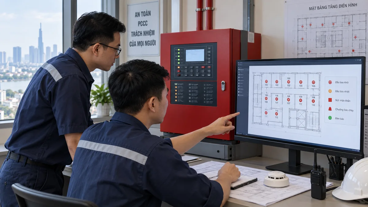 Tủ báo cháy địa chỉ và màn hình mặt bằng hiển thị các vị trí đầu báo