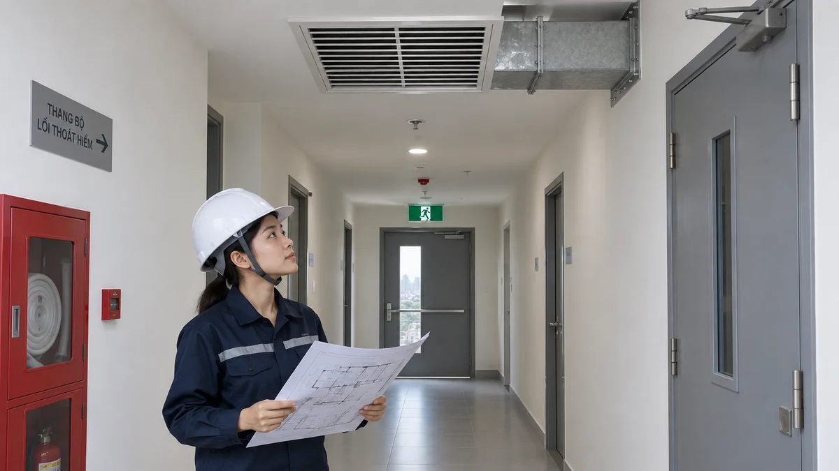Kỹ sư kiểm tra cửa ngăn cháy và miệng hút khói trên hành lang thoát nạn