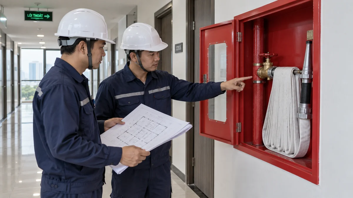 Kỹ sư đối chiếu bản vẽ với tủ chữa cháy vách tường và đường ống đứng