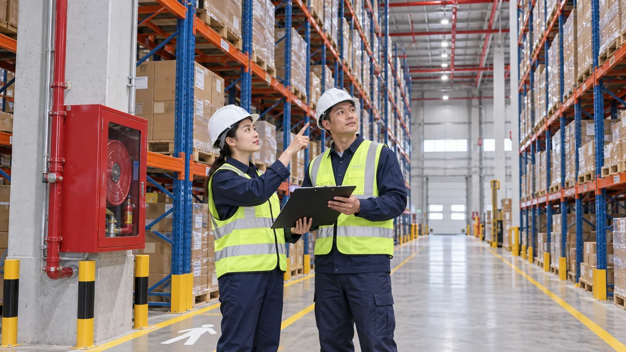 Kỹ sư và quản lý kho khảo sát kệ hàng cao, đường ống chữa cháy và lối đi trong kho logistics