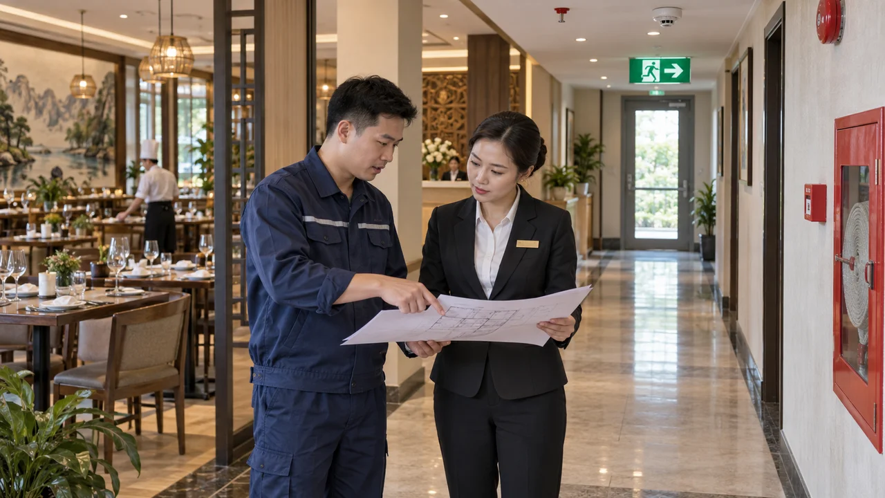 Chuyên viên PCCC và quản lý khách sạn rà soát mặt bằng khu nhà hàng và hành lang